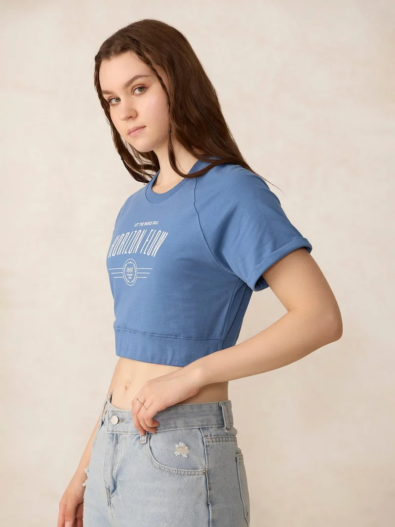 Outzidr blue Blue Cropped Raglan Sleeve Sweatshirt for Women | Best Price UAE